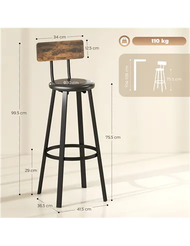HOMCOM Set of Two Industrial-Style Bar Stools - Brown/Black