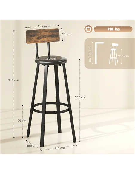 HOMCOM Set of Two Industrial-Style Bar Stools - Brown/Black