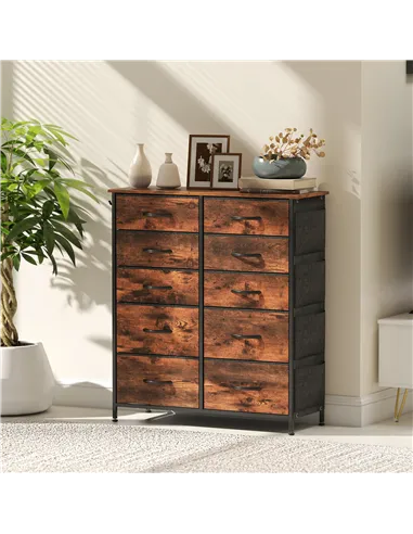 HOMCOM Chest of Ten Fabric Drawers - Rustic Brown