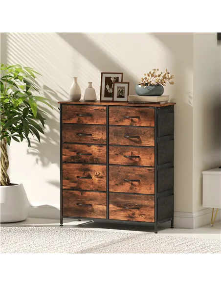 HOMCOM Chest of Ten Fabric Drawers - Rustic Brown