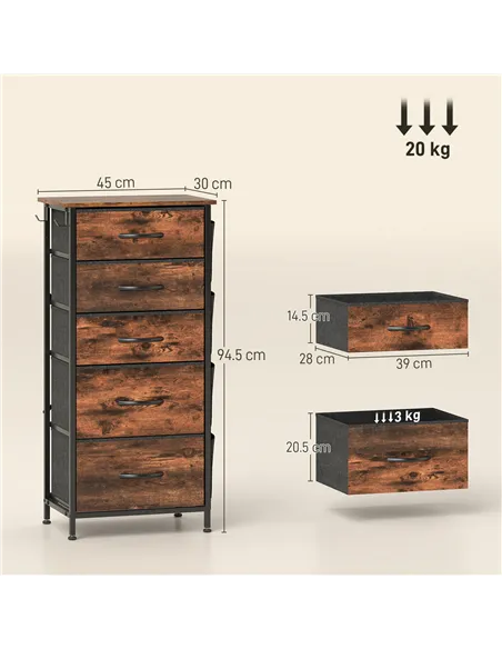 HOMCOM Chest of Five Fabric Drawers - Rustic Brown