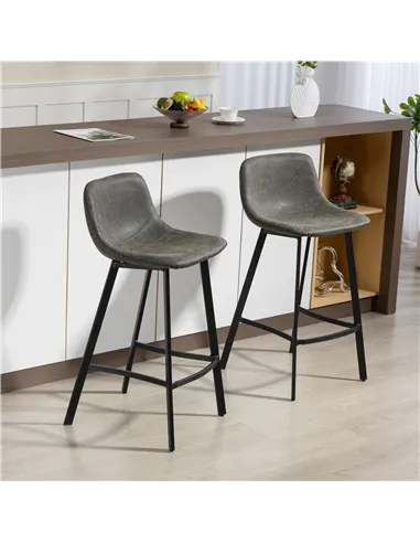 HOMCOM Bar Stools Set of 2, PU Leather Dining Stools with Backrest, Footrest, for Kitchen, Counter, Breakfast Bar, Grey