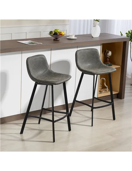 HOMCOM Bar Stools Set of 2, PU Leather Dining Stools with Backrest, Footrest, for Kitchen, Counter, Breakfast Bar, Grey