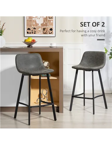 HOMCOM Bar Stools Set of 2, PU Leather Dining Stools with Backrest, Footrest, for Kitchen, Counter, Breakfast Bar, Grey