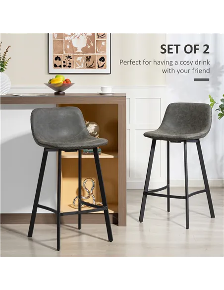 HOMCOM Bar Stools Set of 2, PU Leather Dining Stools with Backrest, Footrest, for Kitchen, Counter, Breakfast Bar, Grey