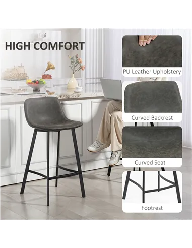 HOMCOM Bar Stools Set of 2, PU Leather Dining Stools with Backrest, Footrest, for Kitchen, Counter, Breakfast Bar, Grey