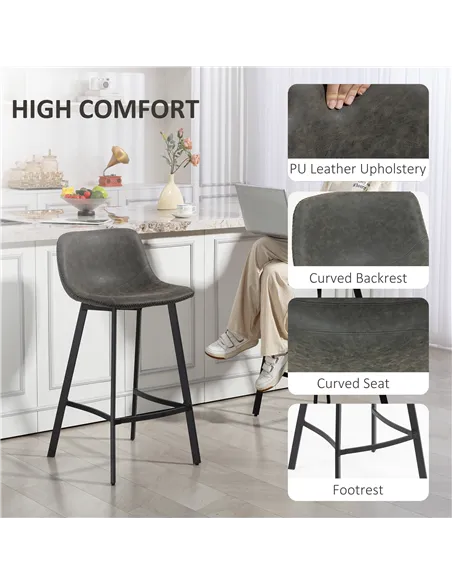 HOMCOM Bar Stools Set of 2, PU Leather Dining Stools with Backrest, Footrest, for Kitchen, Counter, Breakfast Bar, Grey