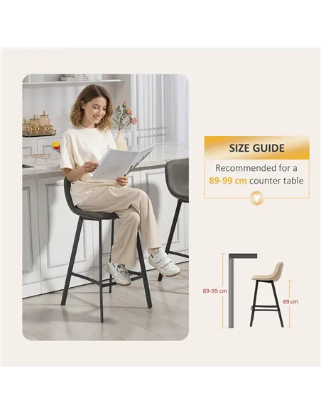 HOMCOM Bar Stools Set of 2, PU Leather Dining Stools with Backrest, Footrest, for Kitchen, Counter, Breakfast Bar, Grey