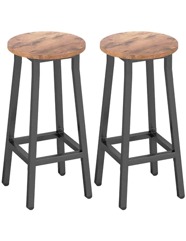 HOMCOM Bar Stools Set of 2 Breakfast Bar Stools with Footrest, Industrial Round, 32 x 32 x 65 cm, Rustic Brown