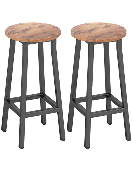 HOMCOM Bar Stools Set of 2 Breakfast Bar Stools with Footrest, Industrial Round, 32 x 32 x 65 cm, Rustic Brown