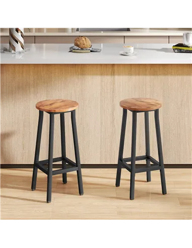 HOMCOM Bar Stools Set of 2 Breakfast Bar Stools with Footrest, Industrial Round, 32 x 32 x 65 cm, Rustic Brown