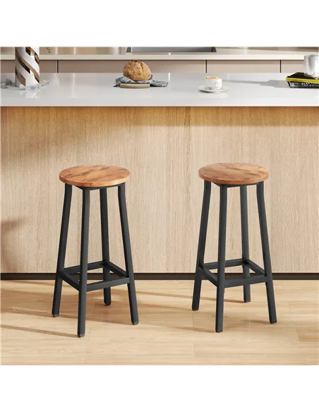 HOMCOM Bar Stools Set of 2 Breakfast Bar Stools with Footrest, Industrial Round, 32 x 32 x 65 cm, Rustic Brown