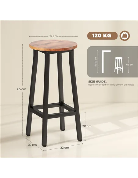 HOMCOM Bar Stools Set of 2 Breakfast Bar Stools with Footrest, Industrial Round, 32 x 32 x 65 cm, Rustic Brown