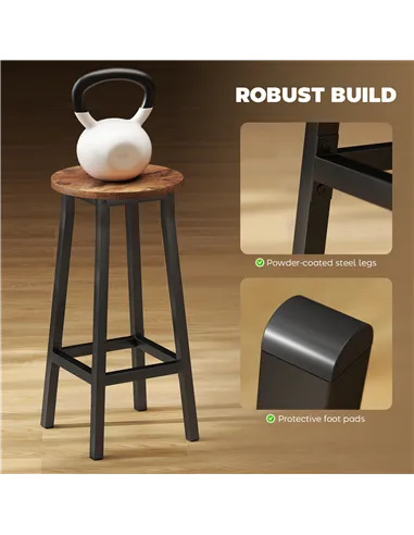 HOMCOM Bar Stools Set of 2 Breakfast Bar Stools with Footrest, Industrial Round, 32 x 32 x 65 cm, Rustic Brown