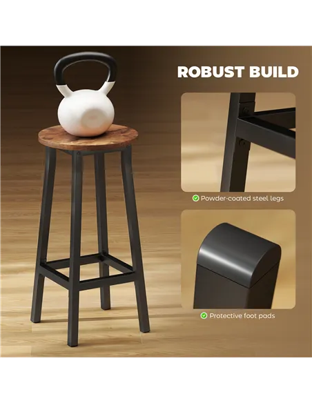 HOMCOM Bar Stools Set of 2 Breakfast Bar Stools with Footrest, Industrial Round, 32 x 32 x 65 cm, Rustic Brown