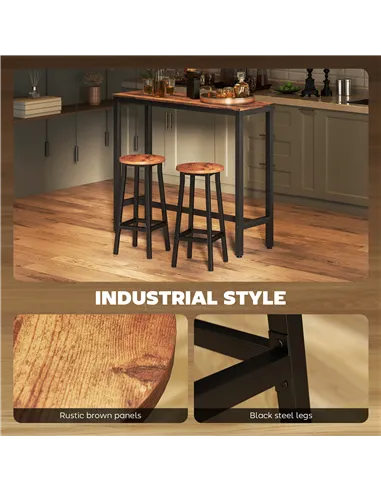 HOMCOM Bar Stools Set of 2 Breakfast Bar Stools with Footrest, Industrial Round, 32 x 32 x 65 cm, Rustic Brown