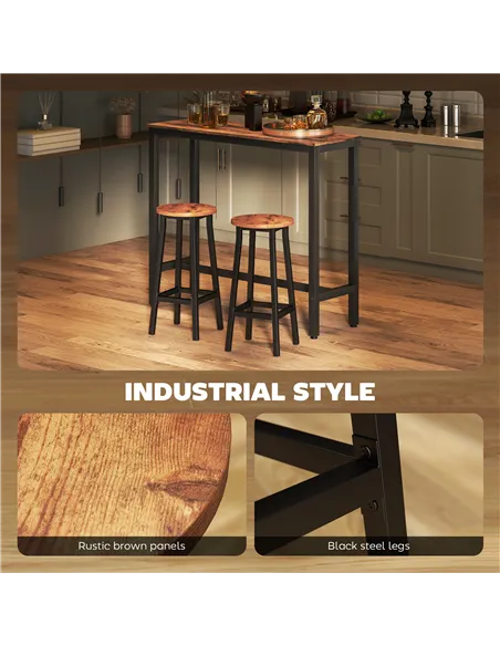 HOMCOM Bar Stools Set of 2 Breakfast Bar Stools with Footrest, Industrial Round, 32 x 32 x 65 cm, Rustic Brown