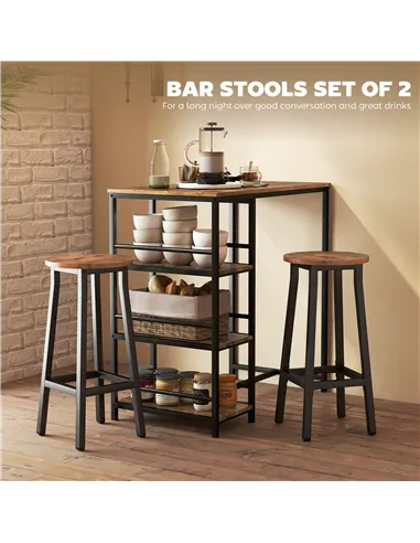 HOMCOM Bar Stools Set of 2 Breakfast Bar Stools with Footrest, Industrial Round, 32 x 32 x 65 cm, Rustic Brown