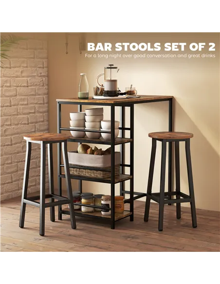 HOMCOM Bar Stools Set of 2 Breakfast Bar Stools with Footrest, Industrial Round, 32 x 32 x 65 cm, Rustic Brown