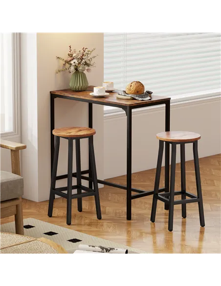HOMCOM Bar Stools Set of 2 Breakfast Bar Stools with Footrest, Industrial Round, 32 x 32 x 65 cm, Rustic Brown