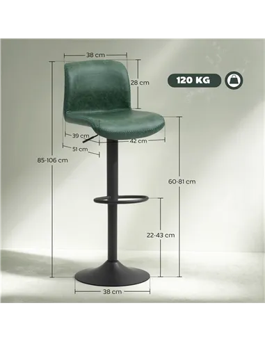 HOMCOM Bar Stools Set of 2, PU Leather Barstools with Backrest and Footrest for Kitchen, Counter, Breakfast Bar, Green