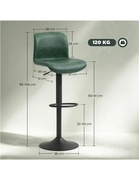 HOMCOM Bar Stools Set of 2, PU Leather Barstools with Backrest and Footrest for Kitchen, Counter, Breakfast Bar, Green