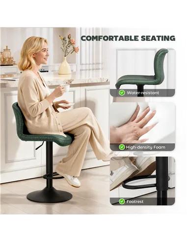 HOMCOM Bar Stools Set of 2, PU Leather Barstools with Backrest and Footrest for Kitchen, Counter, Breakfast Bar, Green