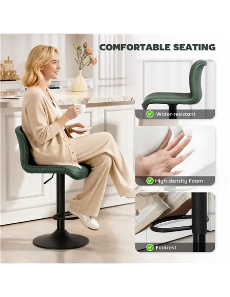 HOMCOM Bar Stools Set of 2, PU Leather Barstools with Backrest and Footrest for Kitchen, Counter, Breakfast Bar, Green