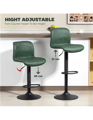 HOMCOM Bar Stools Set of 2, PU Leather Barstools with Backrest and Footrest for Kitchen, Counter, Breakfast Bar, Green