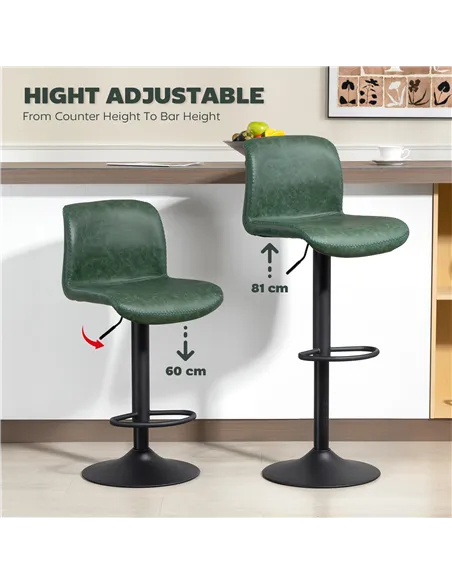 HOMCOM Bar Stools Set of 2, PU Leather Barstools with Backrest and Footrest for Kitchen, Counter, Breakfast Bar, Green