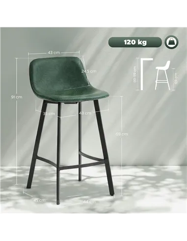 HOMCOM Bar Stools Set of 2, PU Leather Dining Stools with Backrest, Footrest, for Kitchen, Counter, Breakfast Bar, Green