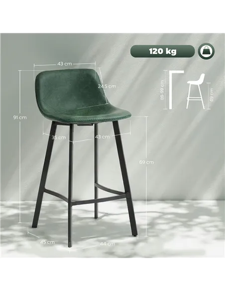 HOMCOM Bar Stools Set of 2, PU Leather Dining Stools with Backrest, Footrest, for Kitchen, Counter, Breakfast Bar, Green