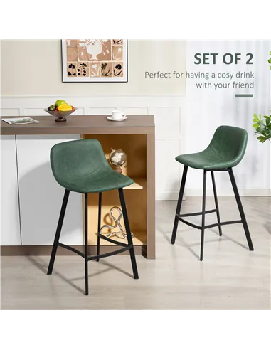 HOMCOM Bar Stools Set of 2, PU Leather Dining Stools with Backrest, Footrest, for Kitchen, Counter, Breakfast Bar, Green