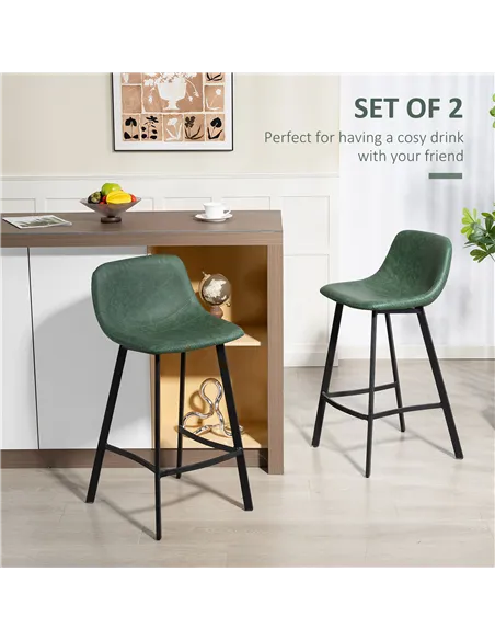 HOMCOM Bar Stools Set of 2, PU Leather Dining Stools with Backrest, Footrest, for Kitchen, Counter, Breakfast Bar, Green