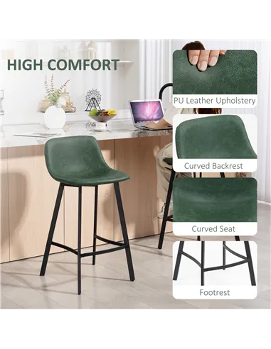 HOMCOM Bar Stools Set of 2, PU Leather Dining Stools with Backrest, Footrest, for Kitchen, Counter, Breakfast Bar, Green