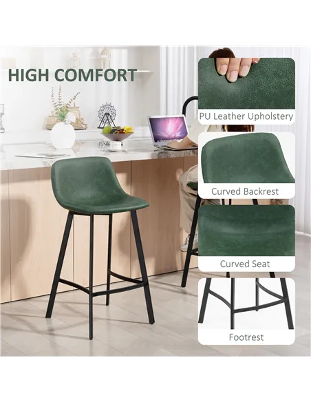 HOMCOM Bar Stools Set of 2, PU Leather Dining Stools with Backrest, Footrest, for Kitchen, Counter, Breakfast Bar, Green