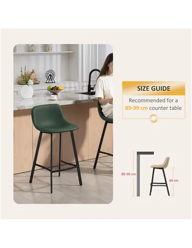 HOMCOM Bar Stools Set of 2, PU Leather Dining Stools with Backrest, Footrest, for Kitchen, Counter, Breakfast Bar, Green