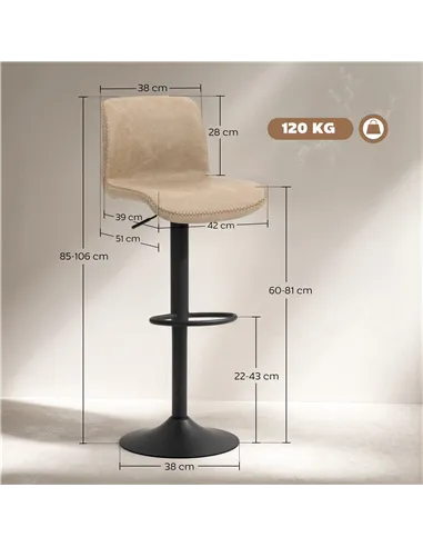 HOMCOM Bar Stools Set of 2, PU Leather Barstools with Backrest and Footrest for Kitchen, Counter, Breakfast Bar, Light Brown