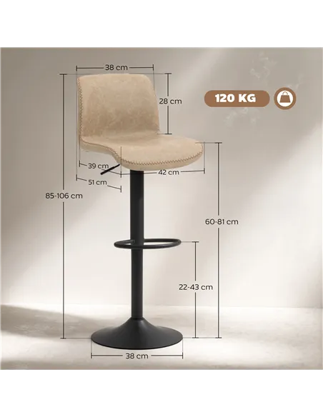 HOMCOM Bar Stools Set of 2, PU Leather Barstools with Backrest and Footrest for Kitchen, Counter, Breakfast Bar, Light Brown