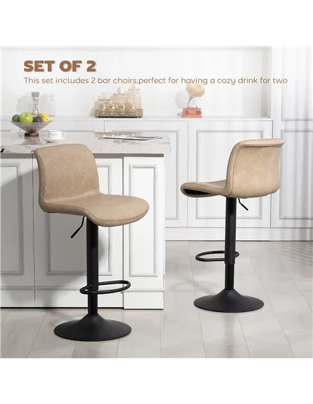 HOMCOM Bar Stools Set of 2, PU Leather Barstools with Backrest and Footrest for Kitchen, Counter, Breakfast Bar, Light Brown