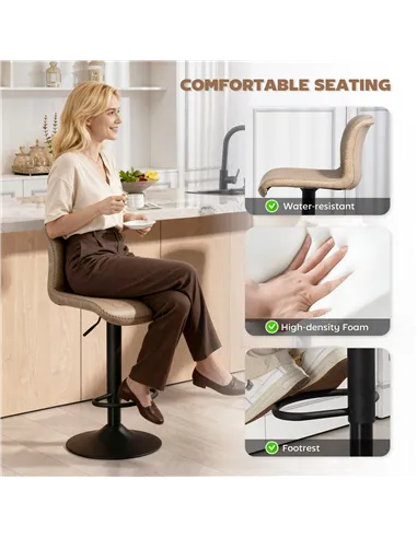 HOMCOM Bar Stools Set of 2, PU Leather Barstools with Backrest and Footrest for Kitchen, Counter, Breakfast Bar, Light Brown