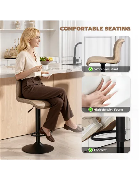 HOMCOM Bar Stools Set of 2, PU Leather Barstools with Backrest and Footrest for Kitchen, Counter, Breakfast Bar, Light Brown