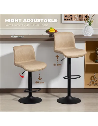 HOMCOM Bar Stools Set of 2, PU Leather Barstools with Backrest and Footrest for Kitchen, Counter, Breakfast Bar, Light Brown
