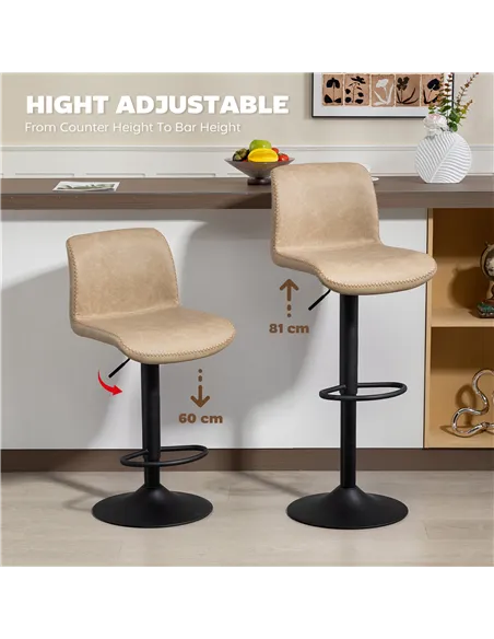 HOMCOM Bar Stools Set of 2, PU Leather Barstools with Backrest and Footrest for Kitchen, Counter, Breakfast Bar, Light Brown
