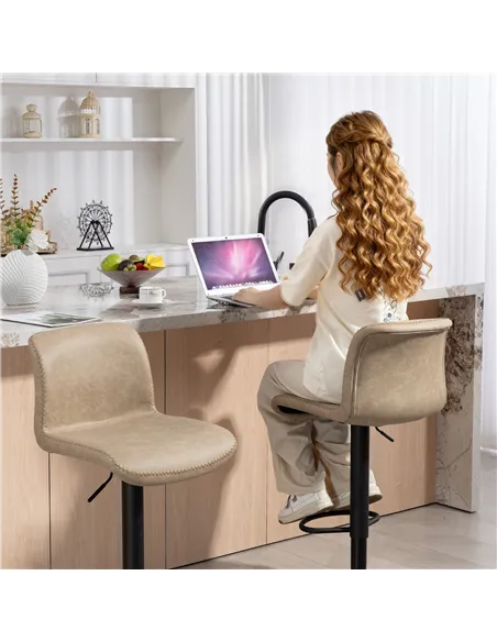 HOMCOM Bar Stools Set of 2, PU Leather Barstools with Backrest and Footrest for Kitchen, Counter, Breakfast Bar, Light Brown