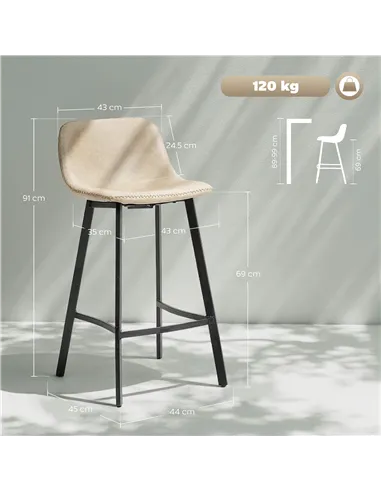 HOMCOM Bar Stools Set of 2, PU Leather Dining Stools with Backrest, Footrest, for Kitchen, Counter, Breakfast Bar, Light Brown