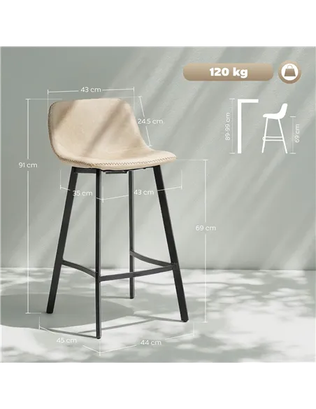 HOMCOM Bar Stools Set of 2, PU Leather Dining Stools with Backrest, Footrest, for Kitchen, Counter, Breakfast Bar, Light Brown