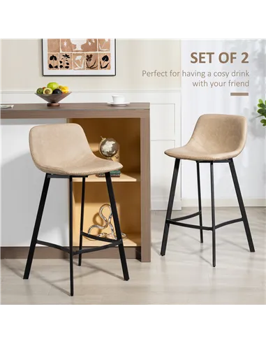 HOMCOM Bar Stools Set of 2, PU Leather Dining Stools with Backrest, Footrest, for Kitchen, Counter, Breakfast Bar, Light Brown