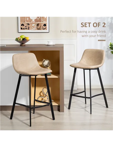 HOMCOM Bar Stools Set of 2, PU Leather Dining Stools with Backrest, Footrest, for Kitchen, Counter, Breakfast Bar, Light Brown