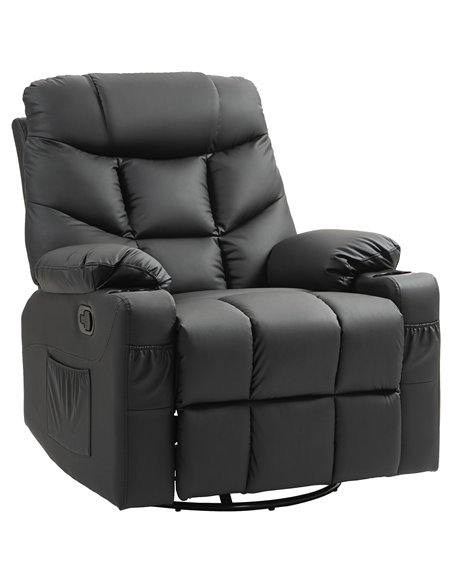 HOMCOM Manual Reclining Chair, Recliner Armchair with Swivel, Faux Leather, Footrest, Cup Holders, 86x93x102cm, Black